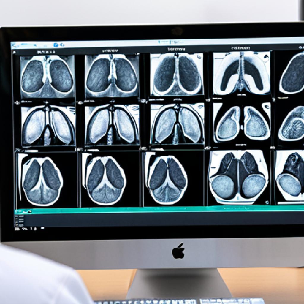**
A radiologist confidently using advanced AI-powered image processing software on a modern computer. The scene is in a bright, high-tech hospital environment. Focus on the radiologist's expertise and the sophisticated technology. Emphasis on *precision* and *efficiency*.
**