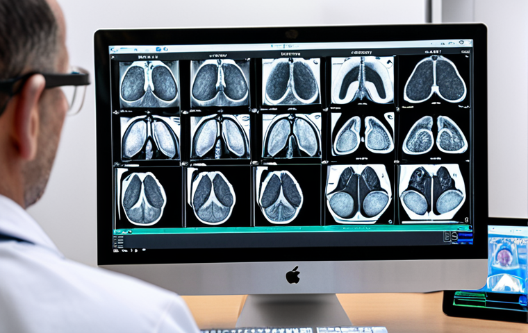 **
A radiologist confidently using advanced AI-powered image processing software on a modern computer. The scene is in a bright, high-tech hospital environment. Focus on the radiologist's expertise and the sophisticated technology. Emphasis on *precision* and *efficiency*.
**