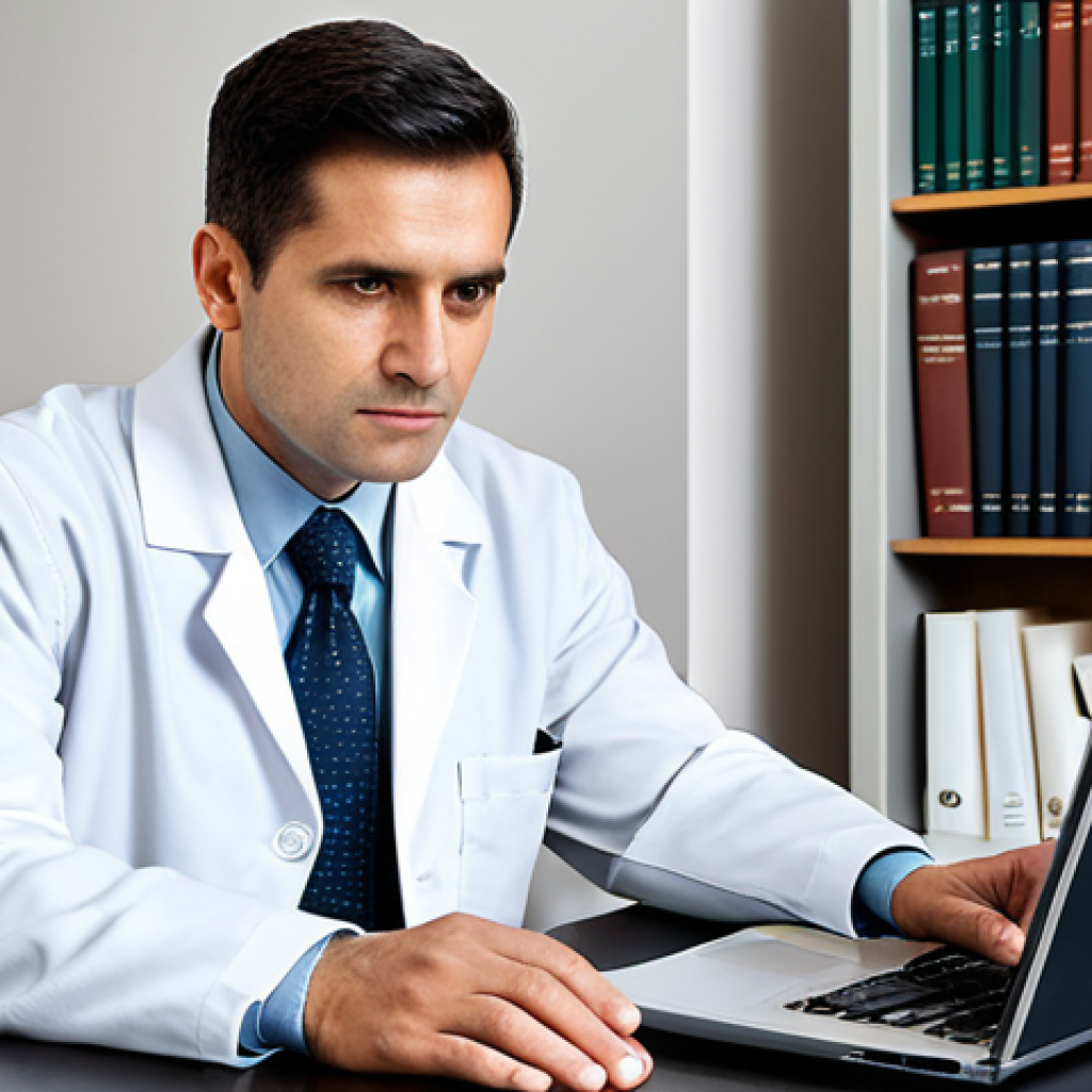 A focused, adult professional radiologist, either male or female, with a thoughtful expression. Dressed in a crisp white lab coat over a professional business shirt and modest trousers/skirt. Fully clothed, appropriate attire, professional dress, modest clothing. Seated at a polished desk in a contemporary, well-lit radiology office. The background includes a bookshelf filled with medical texts and law books, a subtle wall art representing abstract legal concepts, and a closed laptop displaying a generic legal document icon. The setting conveys an atmosphere of serious study and ethical reflection. High-resolution professional studio photography, natural pose, perfect anatomy, correct proportions, well-formed hands, proper finger count, natural body proportions, safe for work, appropriate content, fully clothed, professional, family-friendly.