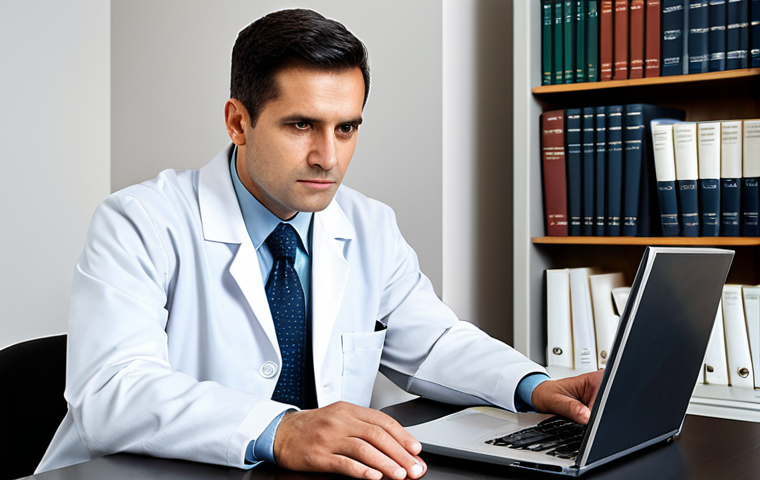 A focused, adult professional radiologist, either male or female, with a thoughtful expression. Dressed in a crisp white lab coat over a professional business shirt and modest trousers/skirt. Fully clothed, appropriate attire, professional dress, modest clothing. Seated at a polished desk in a contemporary, well-lit radiology office. The background includes a bookshelf filled with medical texts and law books, a subtle wall art representing abstract legal concepts, and a closed laptop displaying a generic legal document icon. The setting conveys an atmosphere of serious study and ethical reflection. High-resolution professional studio photography, natural pose, perfect anatomy, correct proportions, well-formed hands, proper finger count, natural body proportions, safe for work, appropriate content, fully clothed, professional, family-friendly.