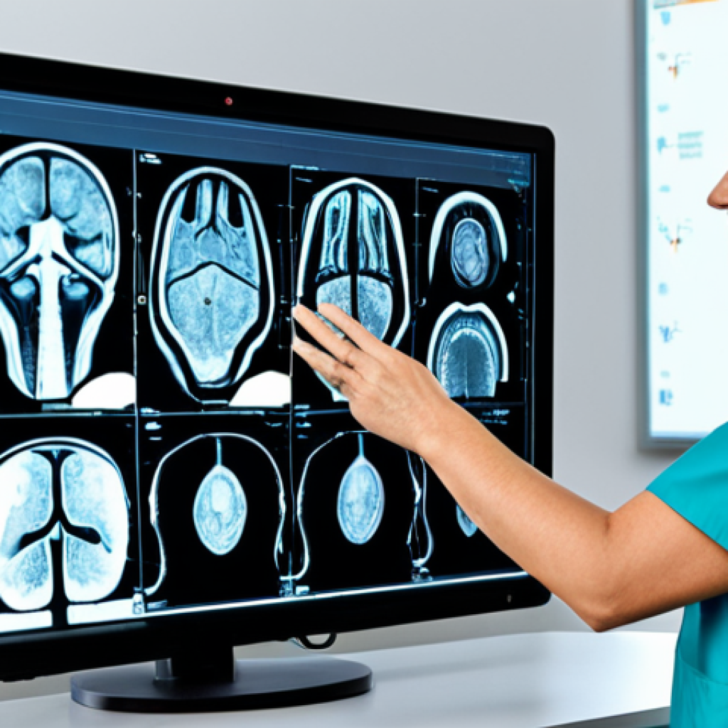 AI-Assisted Diagnosis**
"A radiologist in a brightly lit, modern hospital setting, fully clothed in scrubs, examining a medical scan on a large monitor. The scan displays detailed anatomical imagery with AI overlay highlighting areas of interest. Background shows other medical professionals collaborating. Safe for work, appropriate content, professional environment, perfect anatomy, correct proportions, natural pose, high quality, well-formed hands, proper finger count, modest."
**