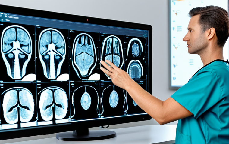 AI-Assisted Diagnosis**
"A radiologist in a brightly lit, modern hospital setting, fully clothed in scrubs, examining a medical scan on a large monitor. The scan displays detailed anatomical imagery with AI overlay highlighting areas of interest. Background shows other medical professionals collaborating. Safe for work, appropriate content, professional environment, perfect anatomy, correct proportions, natural pose, high quality, well-formed hands, proper finger count, modest."
**