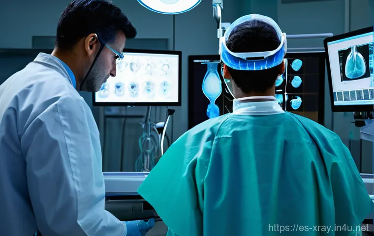 방사선사 영상 처리가 중요한 이유 - **Prompt:** A male radiologist, casually dressed in scrubs, sits in front of multiple large monitors...