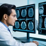 방사선사와 병원 조직 문화 - A highly focused, diverse male radiologist, wearing scrubs and a crisp white coat, meticulously exam...