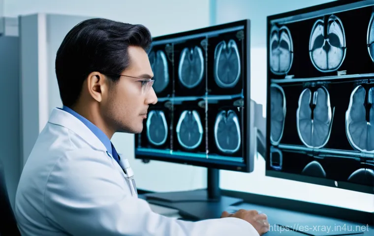 방사선사와 병원 조직 문화 - A highly focused, diverse male radiologist, wearing scrubs and a crisp white coat, meticulously exam...
