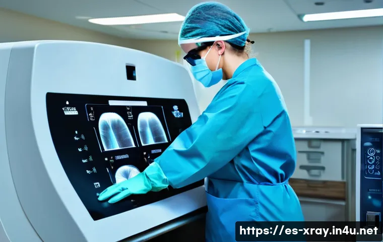 방사선사와 방사선 안전 규정 - A professional radiology technician in a modern medical facility, wearing certified personal protect...