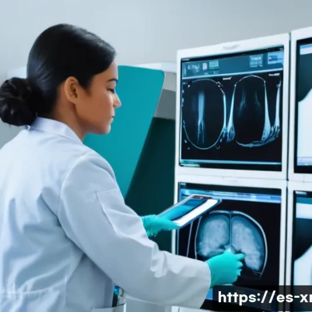방사선사 실무 사례 - A professional radiology technician calmly diagnosing a sudden equipment failure in a modern hospita...