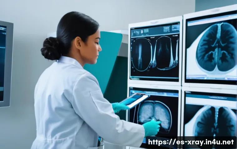 방사선사 실무 사례 - A professional radiology technician calmly diagnosing a sudden equipment failure in a modern hospita...