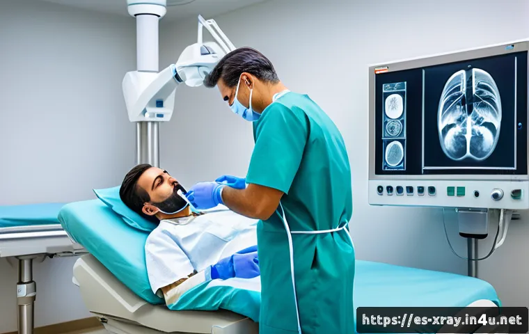 방사선사 자격증 대비 실전 문제 - A modern radiology technician in a bright, clean hospital room, carefully adjusting the settings on ...