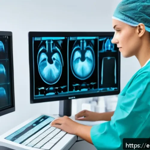 방사선사 국제 자격증 정보 - A professional radiology technician in a modern hospital setting, wearing clean medical scrubs and p...