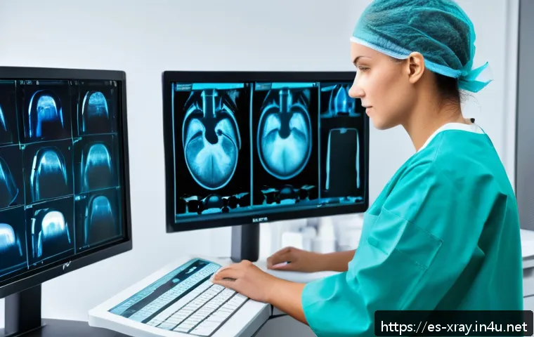 방사선사 국제 자격증 정보 - A professional radiology technician in a modern hospital setting, wearing clean medical scrubs and p...