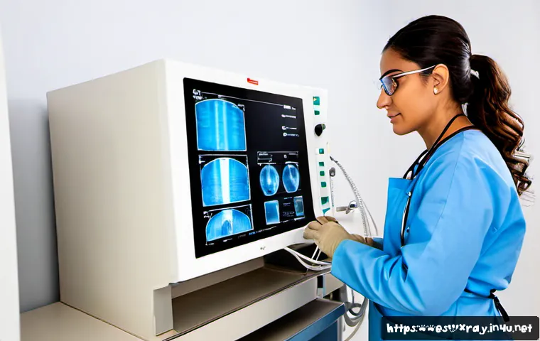 방사선 기기 트러블슈팅 - Photorealistic hospital imaging room in Spain, a Hispanic biomedical technician wearing safety glass...