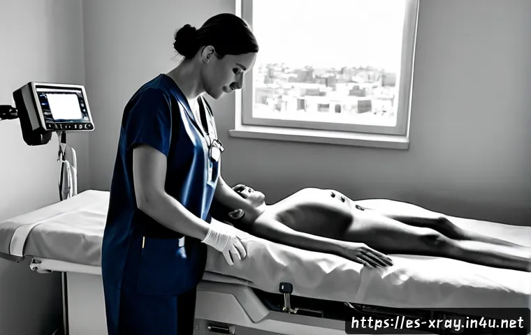 Home 17 초음파 검사 기법 - Photorealistic diagnostic ultrasound examination in a modern Spanish medical clinic, experienced son...